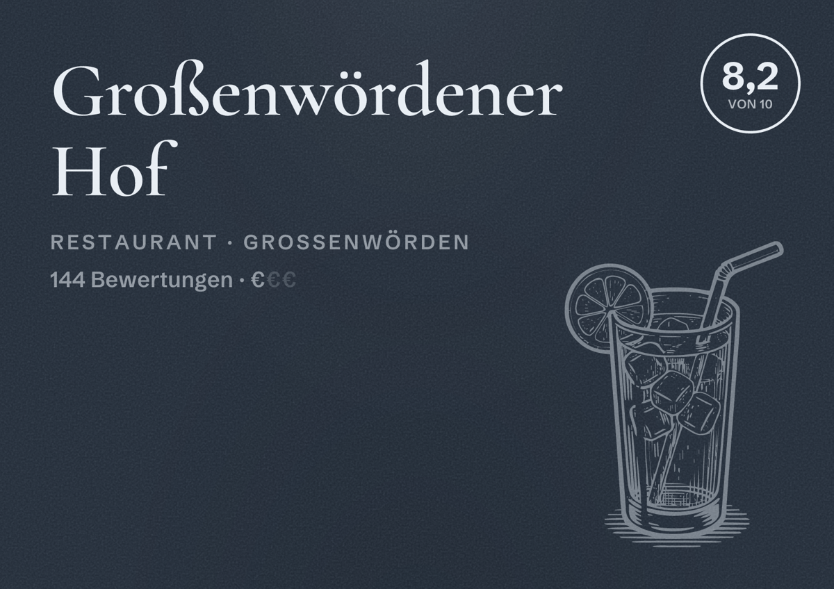 Illustriertes Poster von Großenwördener Hof, Restaurant in Großenwörden: Bewertung 8,2 von 10 aus 144 Bewertungen, Preisniveau €