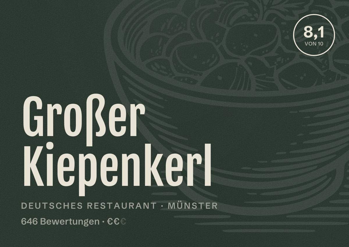 Illustriertes Poster von Großer Kiepenkerl, Deutsches Restaurant in Münster: Bewertung 8,1 von 10 aus 646 Bewertungen, Preisniveau €€