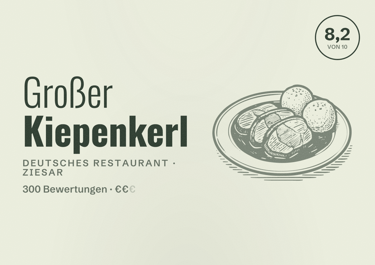Illustriertes Poster von Großer Kiepenkerl, Deutsches Restaurant in Ziesar: Bewertung 8,2 von 10 aus 300 Bewertungen, Preisniveau €€