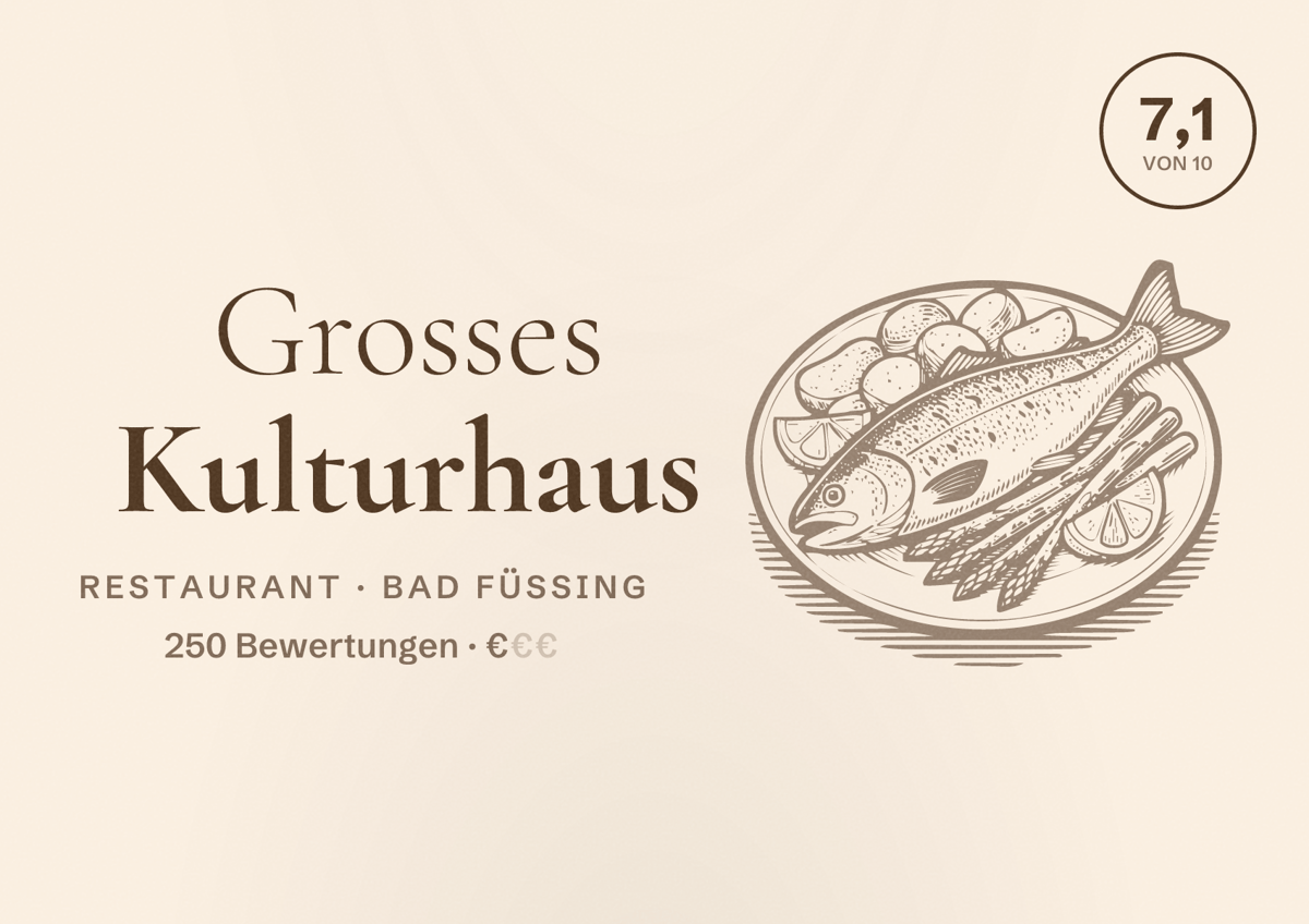Illustriertes Poster von Grosses Kulturhaus, Restaurant in Bad Füssing: Bewertung 7,1 von 10 aus 250 Bewertungen, Preisniveau €