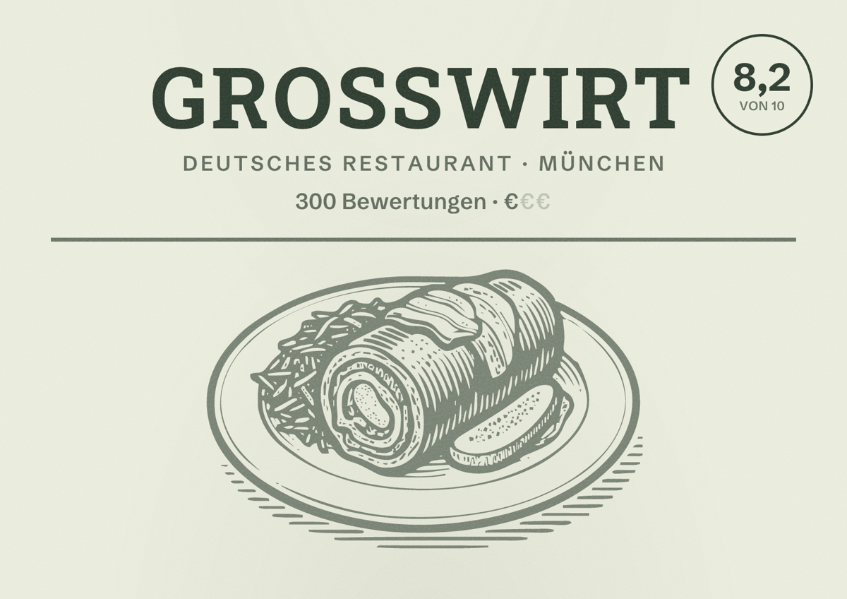 Illustriertes Poster von Großwirt, Deutsches Restaurant in München: Bewertung 8,2 von 10 aus 300 Bewertungen, Preisniveau €