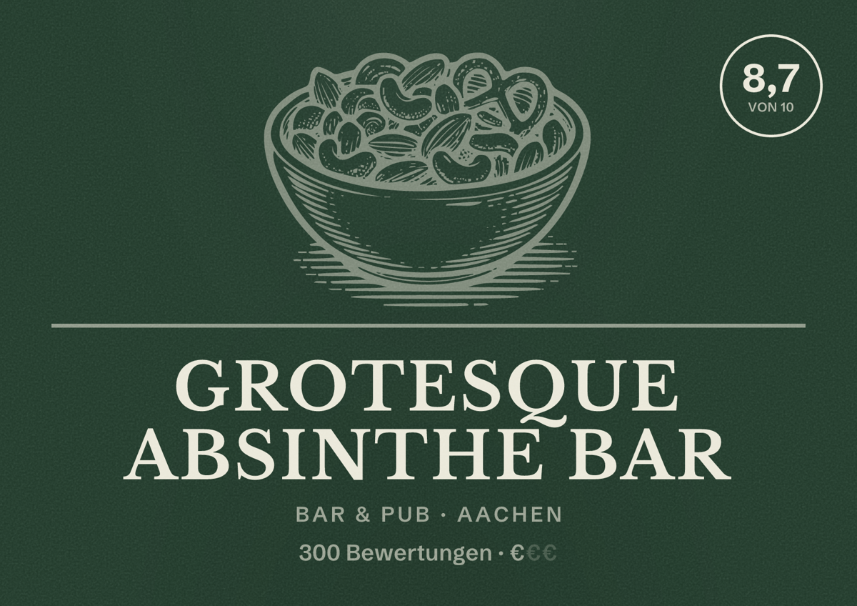 Illustriertes Poster von Grotesque Absinthe Bar, Bar & Pub in Aachen: Bewertung 8,7 von 10 aus 300 Bewertungen, Preisniveau €