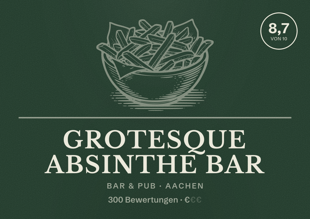 Illustriertes Poster von Grotesque Absinthe Bar, Bar & Pub in Aachen: Bewertung 8,7 von 10 aus 300 Bewertungen, Preisniveau €