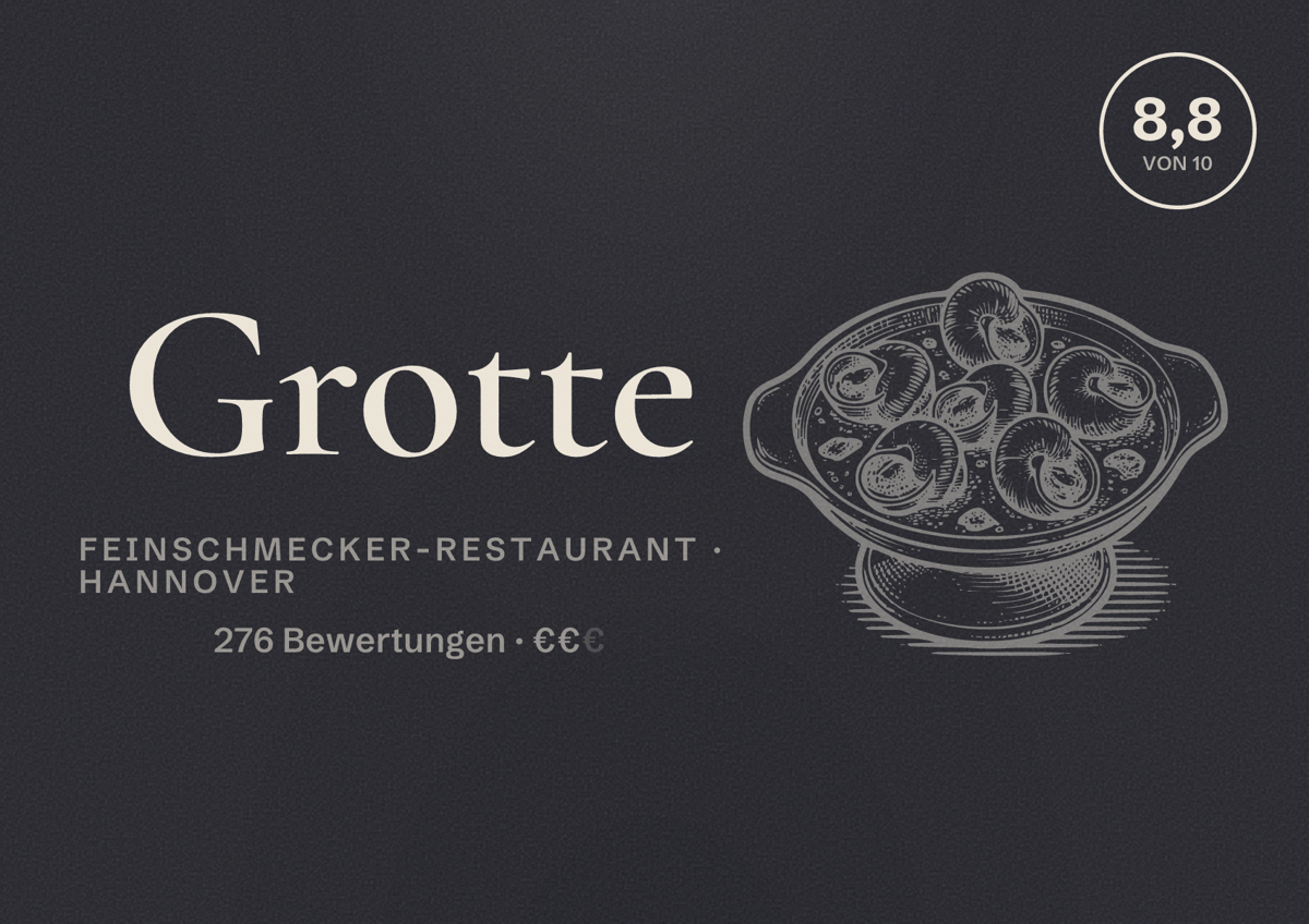Illustriertes Poster von Grotte, Feinschmecker-Restaurant in Hannover: Bewertung 8,8 von 10 aus 276 Bewertungen, Preisniveau €€