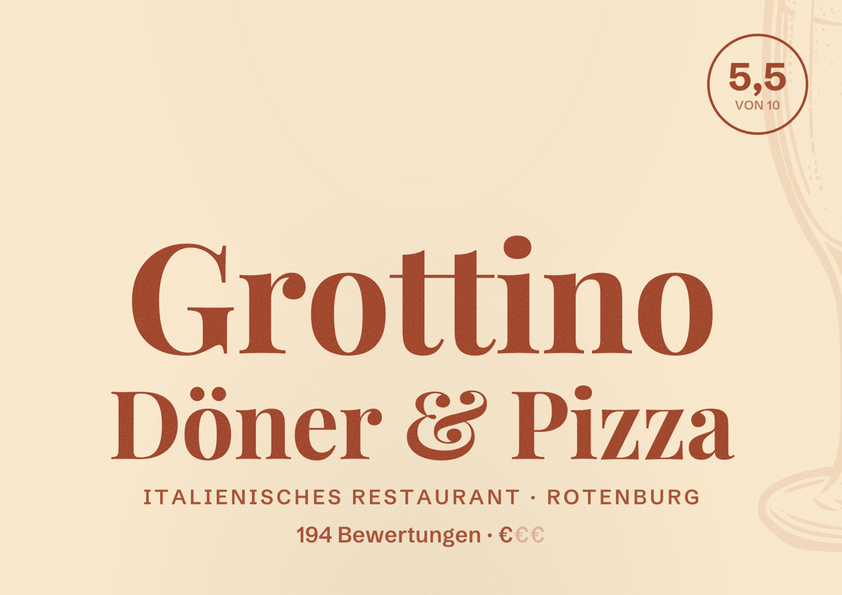Illustriertes Poster von Grottino Döner & Pizza, Italienisches Restaurant in Rotenburg: Bewertung 5,5 von 10 aus 194 Bewertungen, Preisniveau €