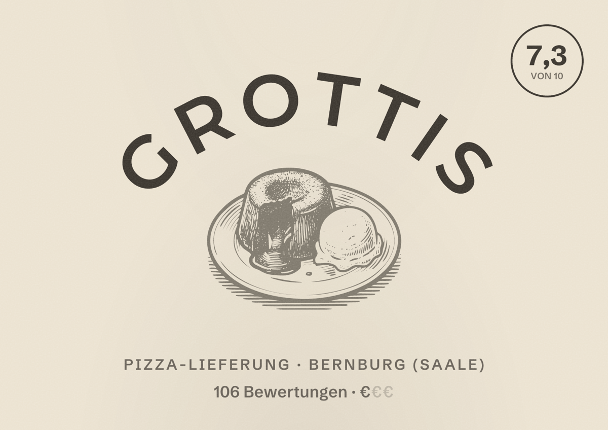 Illustriertes Poster von Grottis, Pizza-Lieferung in Bernburg (Saale): Bewertung 7,3 von 10 aus 106 Bewertungen, Preisniveau €