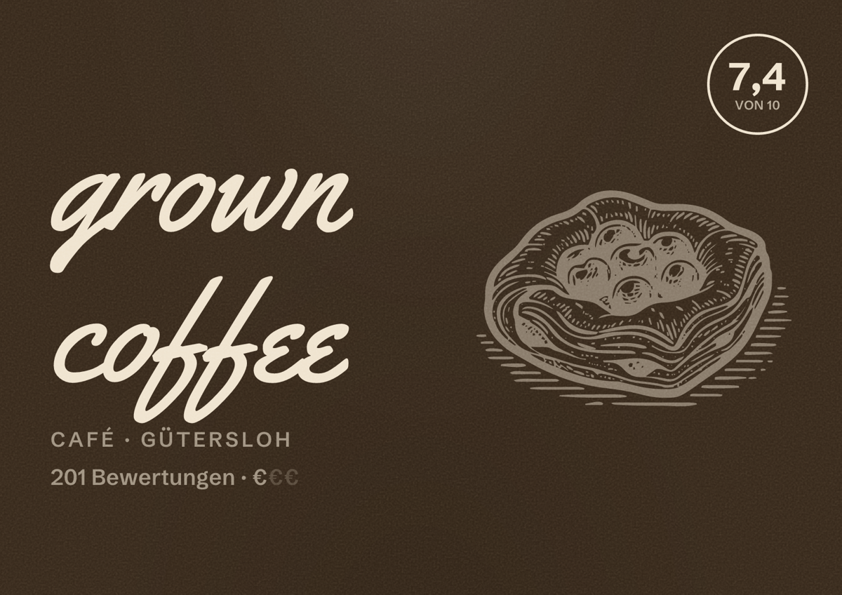 Illustriertes Poster von grown coffee, Café in Gütersloh: Bewertung 7,4 von 10 aus 201 Bewertungen, Preisniveau €