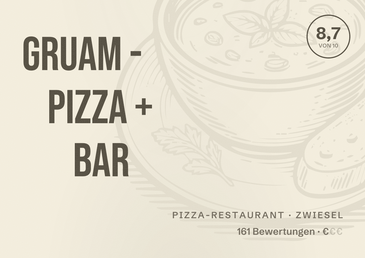 Illustriertes Poster von Gruam - Pizza + Bar, Pizza-Restaurant in Zwiesel: Bewertung 8,7 von 10 aus 161 Bewertungen, Preisniveau €