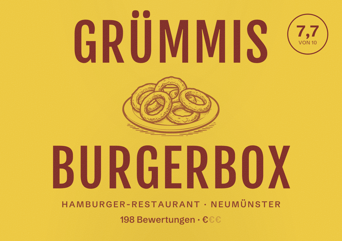 Illustriertes Poster von Grümmis Burgerbox, Hamburger-Restaurant in Neumünster: Bewertung 7,7 von 10 aus 198 Bewertungen, Preisniveau €