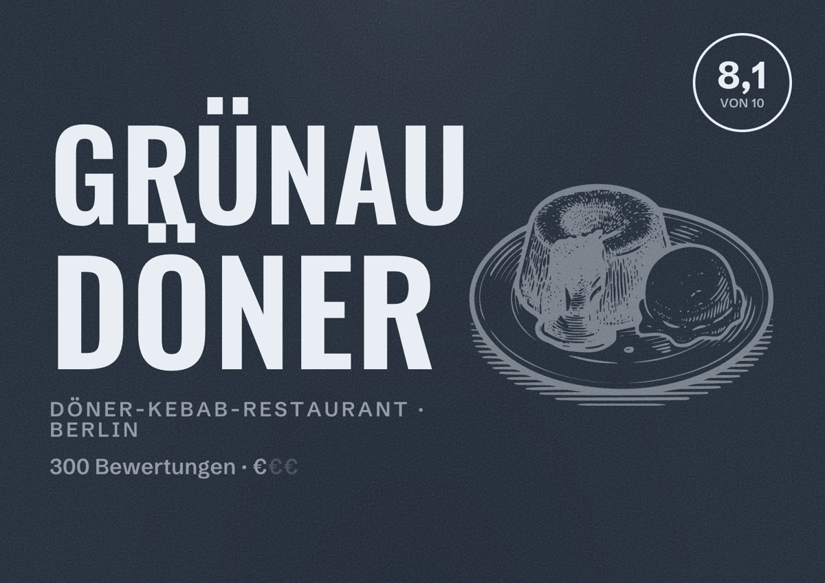 Illustriertes Poster von Grünau Döner, Döner-Kebab-Restaurant in Berlin: Bewertung 8,1 von 10 aus 300 Bewertungen, Preisniveau €