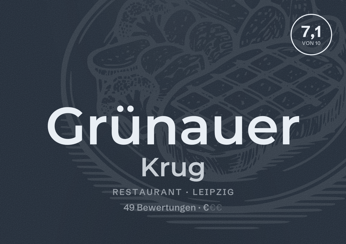 Illustriertes Poster von Grünauer Krug, Restaurant in Leipzig: Bewertung 7,1 von 10 aus 49 Bewertungen, Preisniveau €