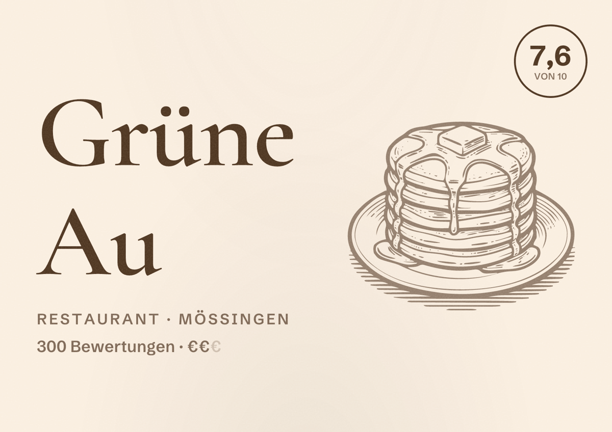 Illustriertes Poster von Grüne Au, Restaurant in Mössingen: Bewertung 7,6 von 10 aus 300 Bewertungen, Preisniveau €€