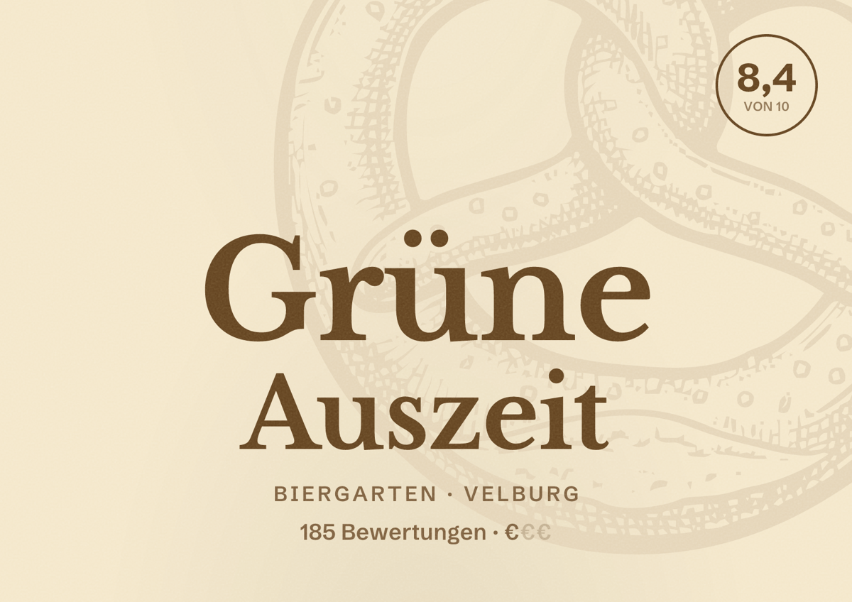 Illustriertes Poster von Grüne Auszeit, Biergarten in Velburg: Bewertung 8,4 von 10 aus 185 Bewertungen, Preisniveau €