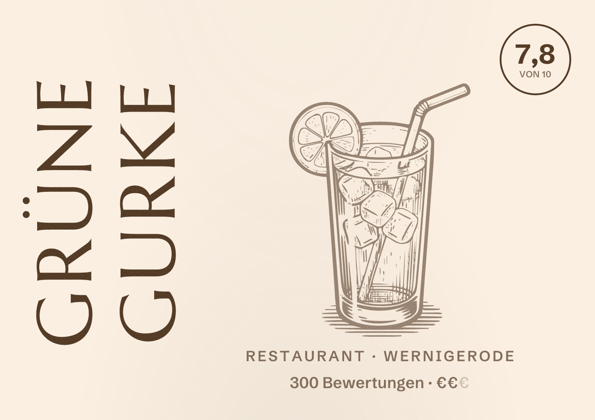 Illustriertes Poster von Grüne Gurke, Restaurant in Wernigerode: Bewertung 7,8 von 10 aus 300 Bewertungen, Preisniveau €€