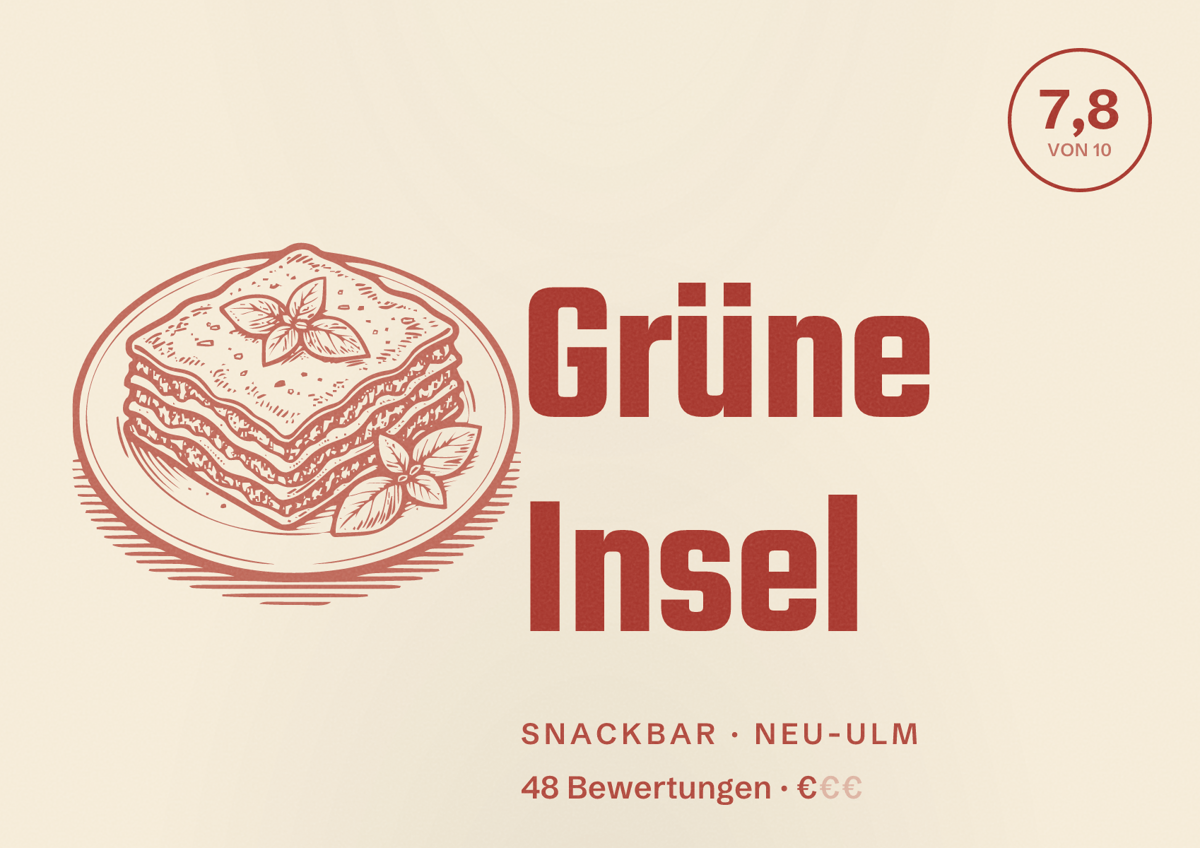 Illustriertes Poster von Grüne Insel, Snackbar in Neu-Ulm: Bewertung 7,8 von 10 aus 48 Bewertungen, Preisniveau €