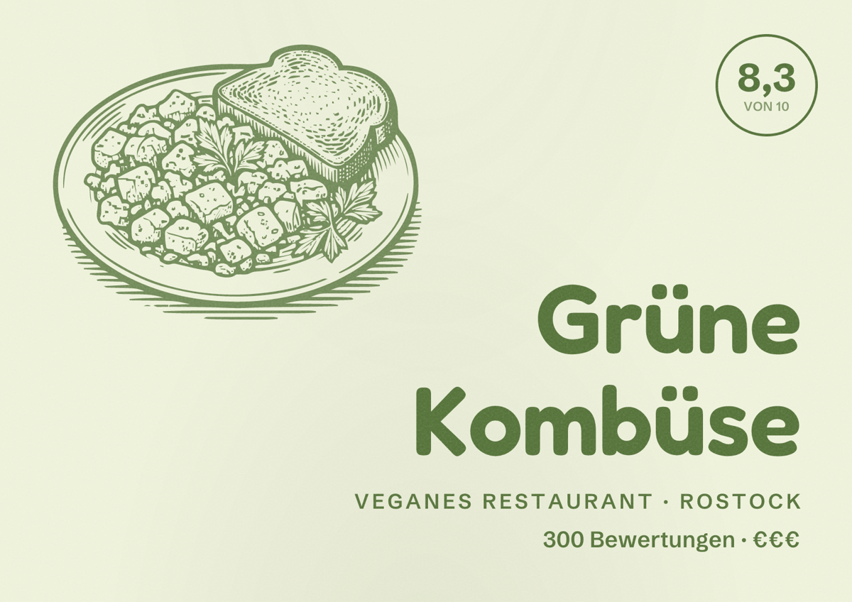 Illustriertes Poster von Grüne Kombüse, Veganes Restaurant in Rostock: Bewertung 8,3 von 10 aus 300 Bewertungen, Preisniveau €€€