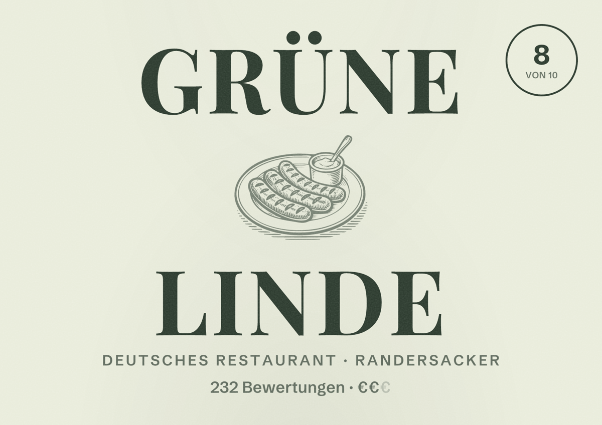 Illustriertes Poster von Grüne Linde, Deutsches Restaurant in Randersacker: Bewertung 8 von 10 aus 232 Bewertungen, Preisniveau €€