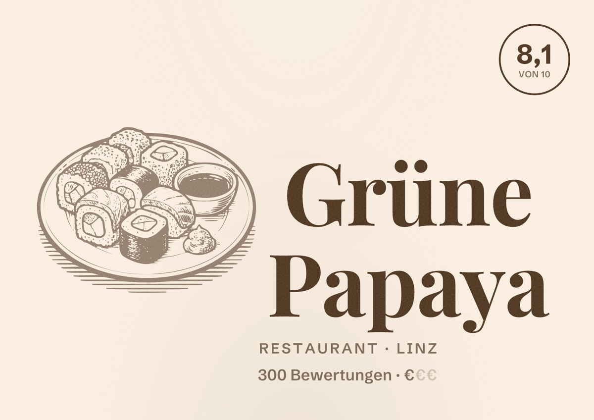 Illustriertes Poster von Grüne Papaya, Restaurant in Linz: Bewertung 8,1 von 10 aus 300 Bewertungen, Preisniveau €