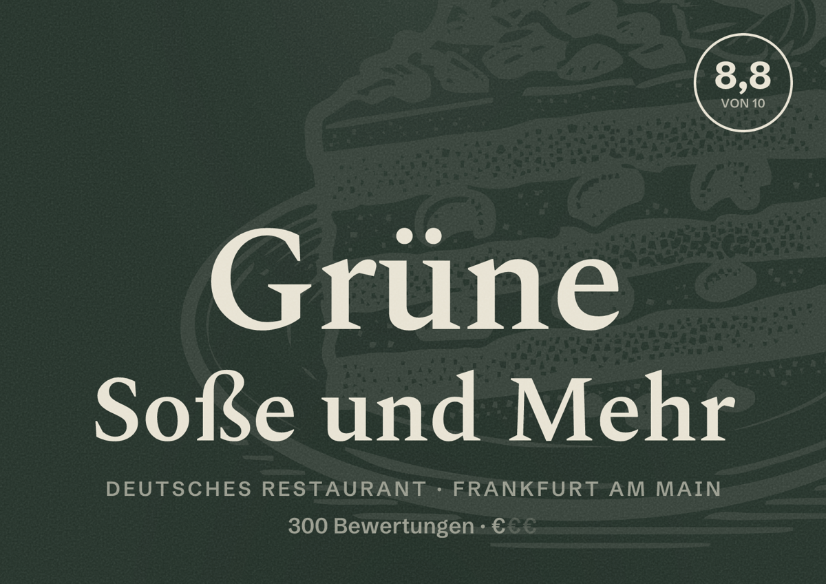 Illustriertes Poster von Grüne Soße und Mehr, Deutsches Restaurant in Frankfurt am Main: Bewertung 8,8 von 10 aus 300 Bewertungen, Preisniveau €