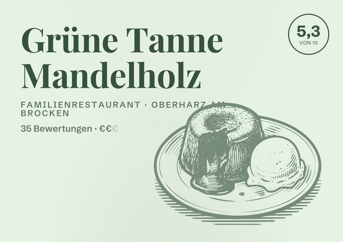 Illustriertes Poster von Grüne Tanne Mandelholz, Familienrestaurant in Oberharz am Brocken: Bewertung 5,3 von 10 aus 35 Bewertungen, Preisniveau €€