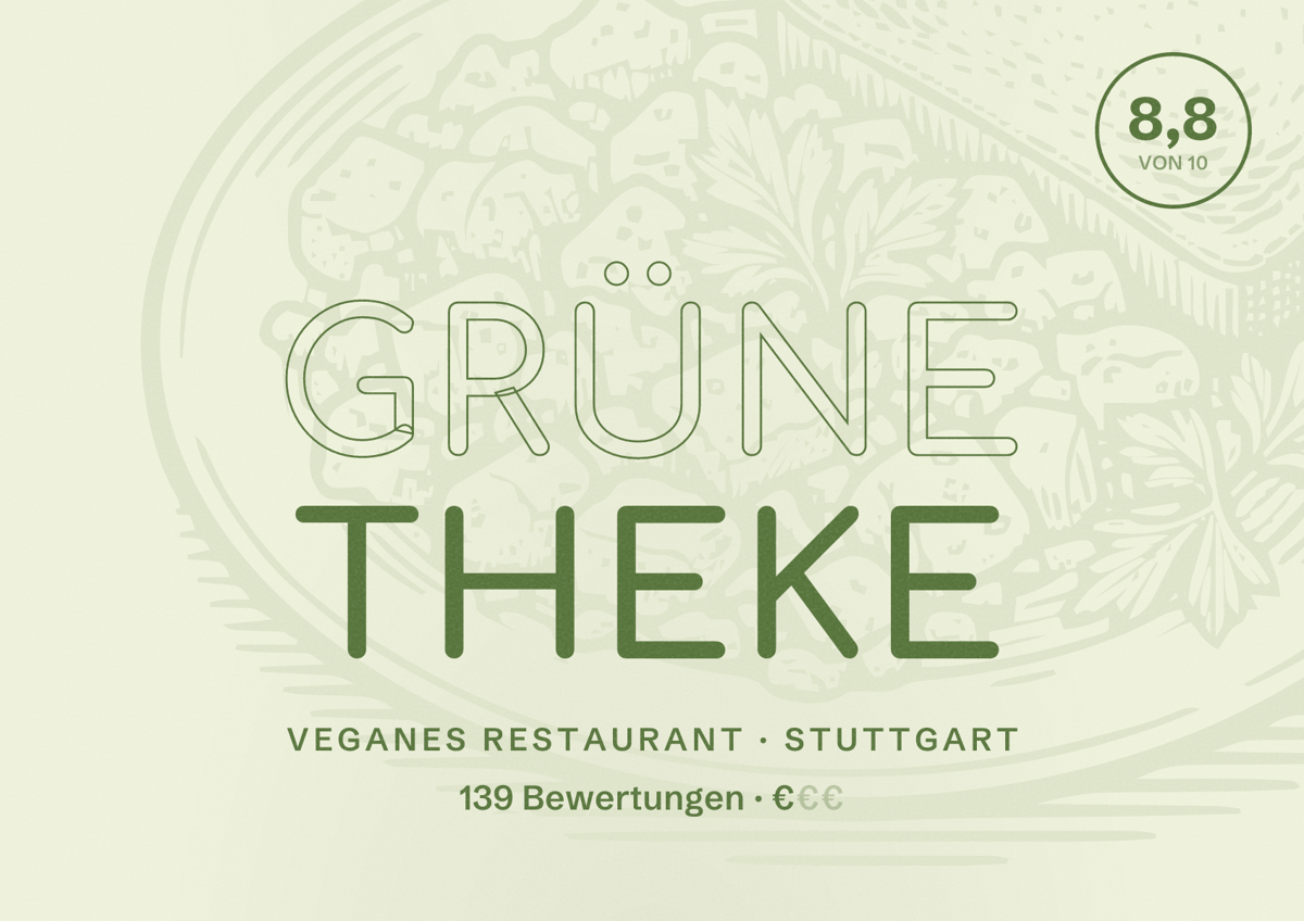 Illustriertes Poster von Grüne Theke, Veganes Restaurant in Stuttgart: Bewertung 8,8 von 10 aus 139 Bewertungen, Preisniveau €