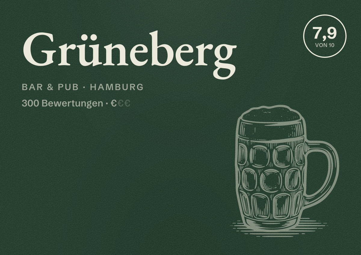 Illustriertes Poster von Grüneberg, Bar & Pub in Hamburg: Bewertung 7,9 von 10 aus 300 Bewertungen, Preisniveau €
