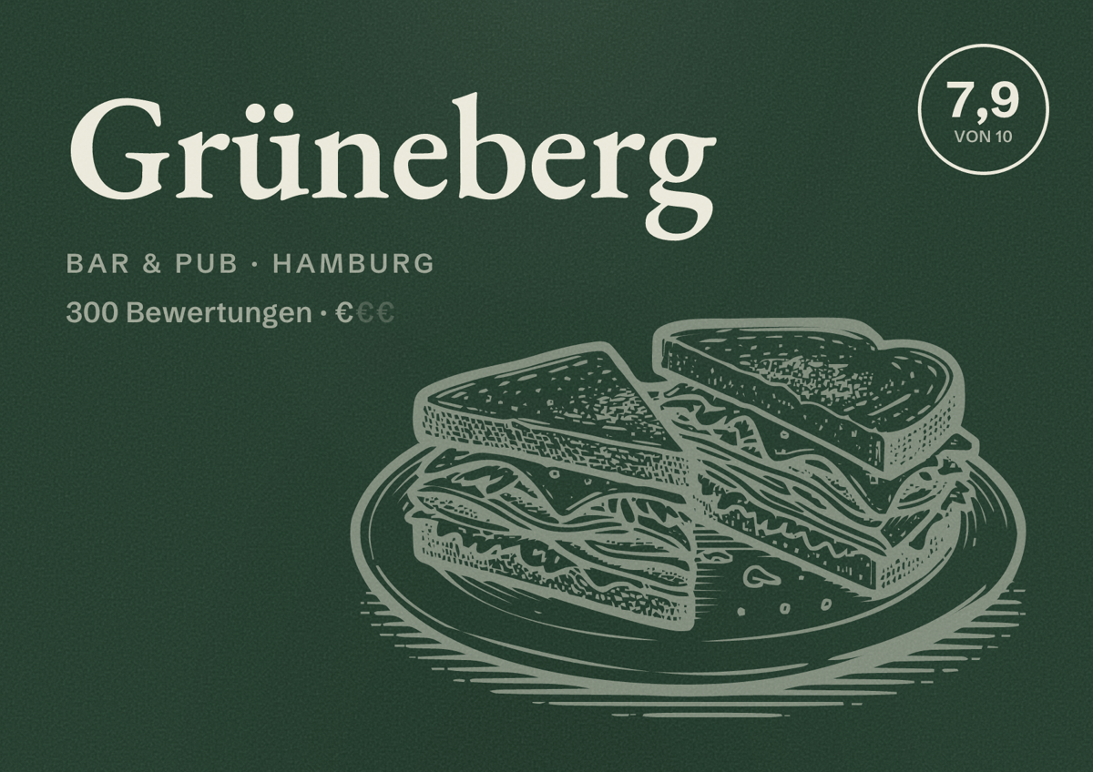 Illustriertes Poster von Grüneberg, Bar & Pub in Hamburg: Bewertung 7,9 von 10 aus 300 Bewertungen, Preisniveau €