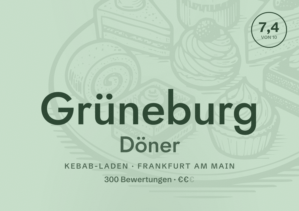Illustriertes Poster von Grüneburg Döner, Kebab-Laden in Frankfurt am Main: Bewertung 7,4 von 10 aus 300 Bewertungen, Preisniveau €€