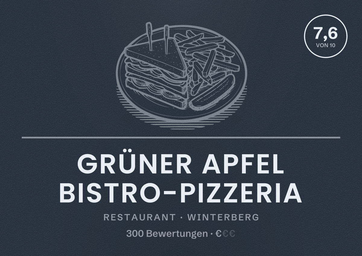 Illustriertes Poster von Grüner Apfel Bistro-Pizzeria, Restaurant in Winterberg: Bewertung 7,6 von 10 aus 300 Bewertungen, Preisniveau €