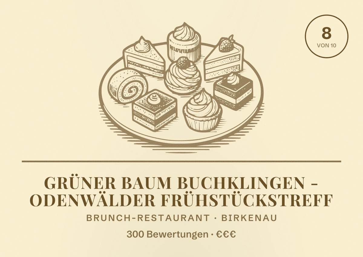 Illustriertes Poster von Grüner Baum Buchklingen - Odenwälder Frühstückstreff, Brunch-Restaurant in Birkenau: Bewertung 8 von 10 aus 300 Bewertungen, Preisniveau €€€