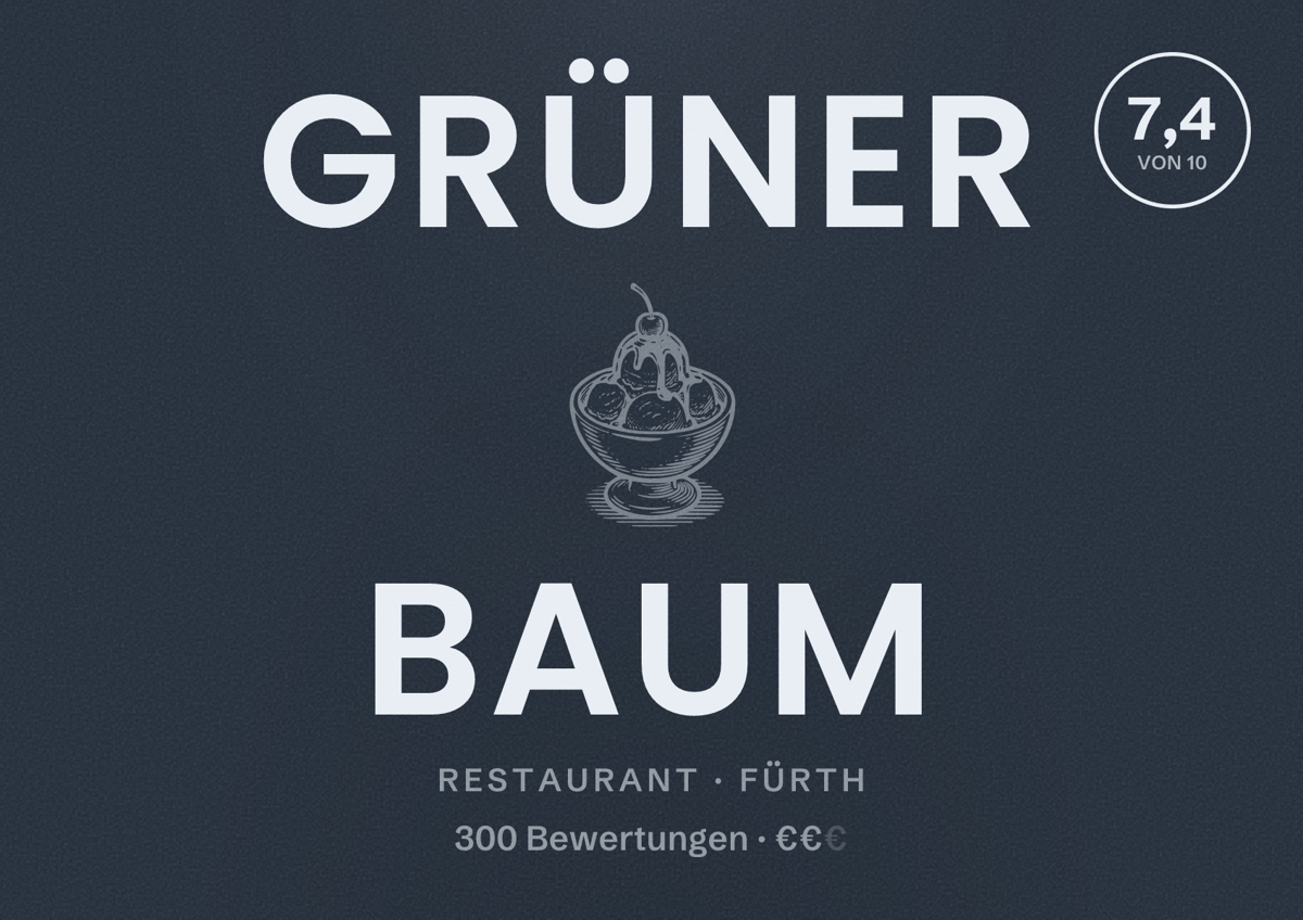 Illustriertes Poster von Grüner Baum, Restaurant in Fürth: Bewertung 7,4 von 10 aus 300 Bewertungen, Preisniveau €€