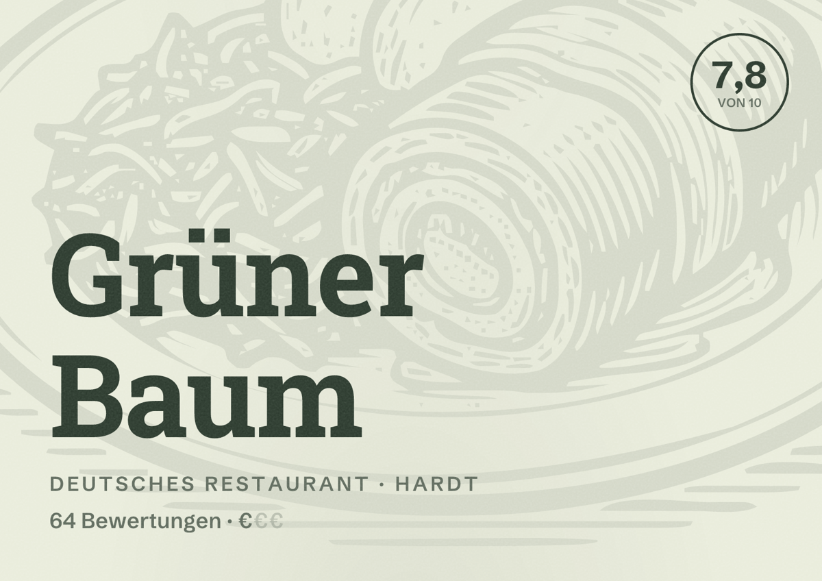 Illustriertes Poster von Grüner Baum, Deutsches Restaurant in Hardt: Bewertung 7,8 von 10 aus 64 Bewertungen, Preisniveau €