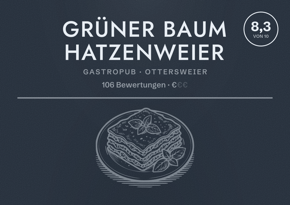 Illustriertes Poster von Grüner Baum Hatzenweier, Gastropub in Ottersweier: Bewertung 8,3 von 10 aus 106 Bewertungen, Preisniveau €
