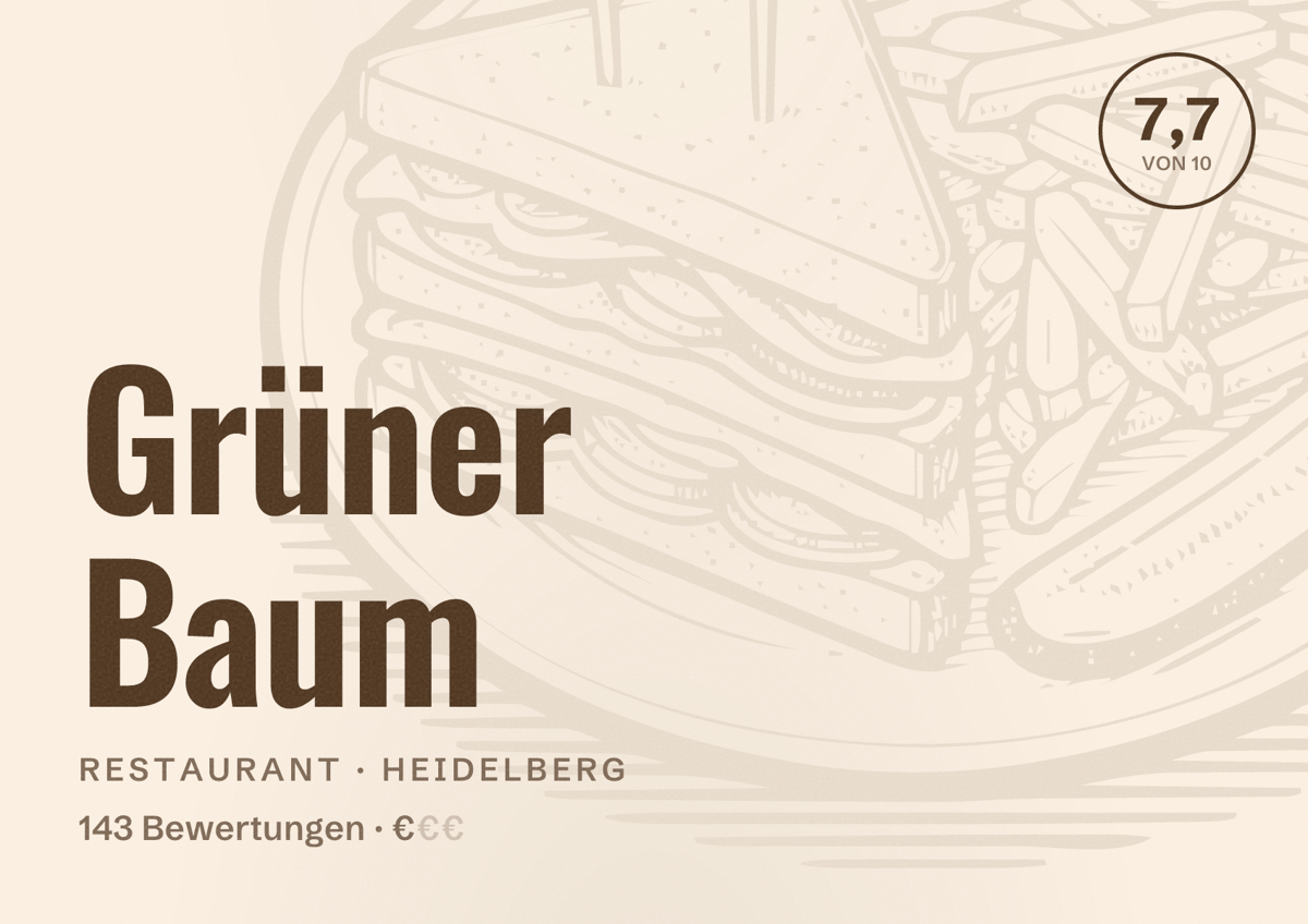 Illustriertes Poster von Grüner Baum, Restaurant in Heidelberg: Bewertung 7,7 von 10 aus 143 Bewertungen, Preisniveau €