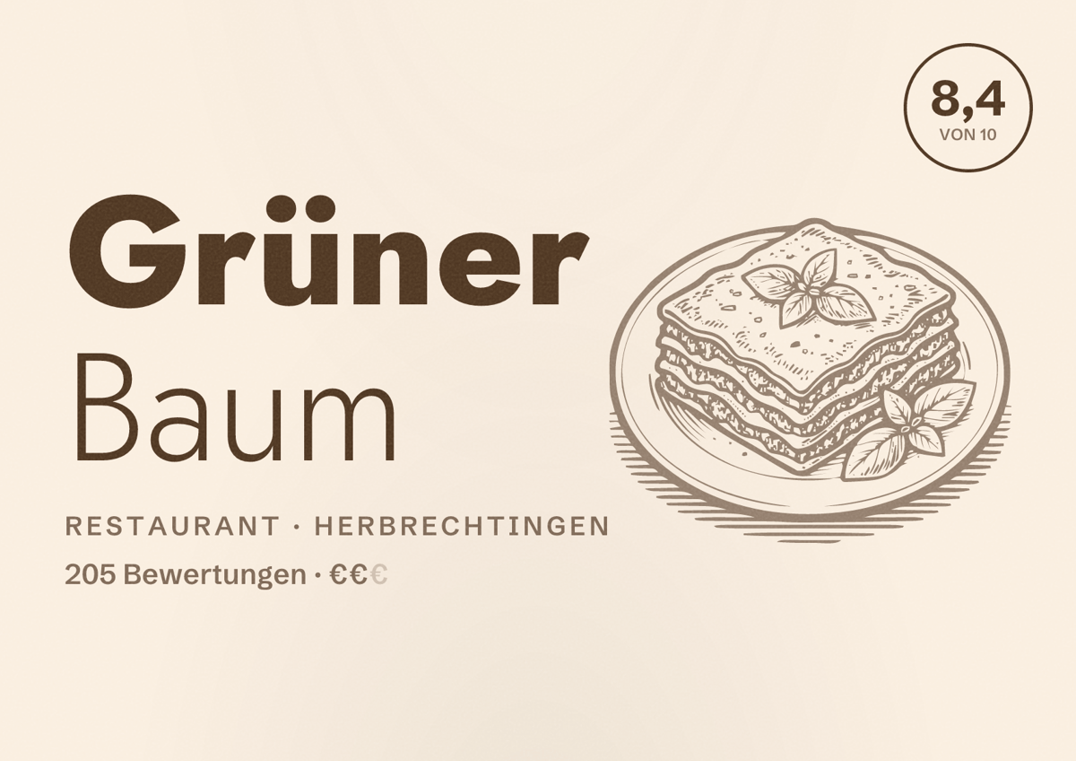 Illustriertes Poster von Grüner Baum, Restaurant in Herbrechtingen: Bewertung 8,4 von 10 aus 205 Bewertungen, Preisniveau €€