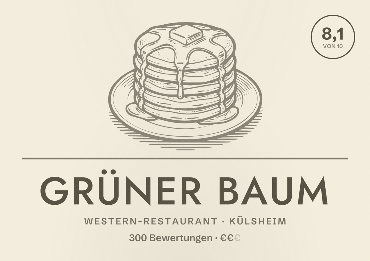 Illustriertes Poster von Grüner Baum, Western-Restaurant in Külsheim: Bewertung 8,1 von 10 aus 300 Bewertungen, Preisniveau €€