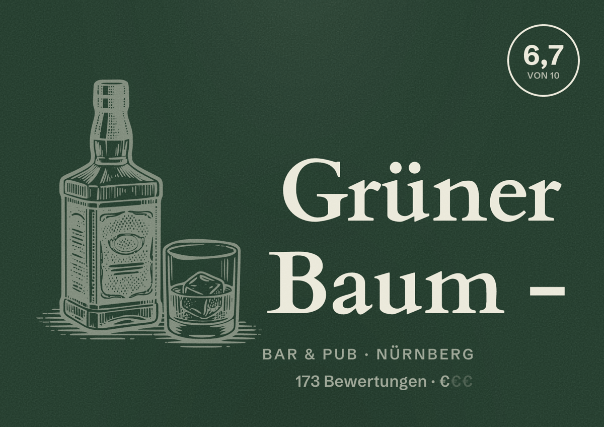 Illustriertes Poster von Grüner Baum -, Bar & Pub in Nürnberg: Bewertung 6,7 von 10 aus 173 Bewertungen, Preisniveau €