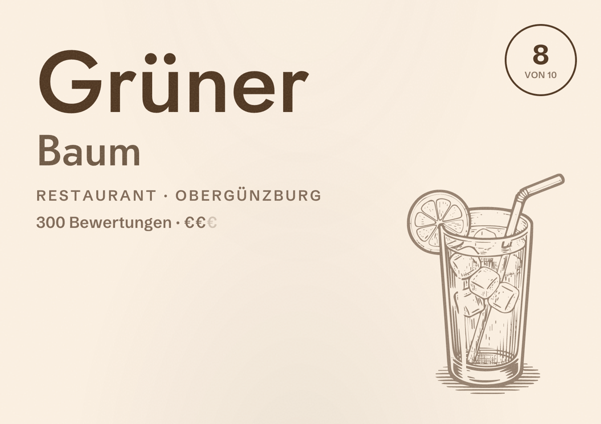 Illustriertes Poster von Grüner Baum, Restaurant in Obergünzburg: Bewertung 8 von 10 aus 300 Bewertungen, Preisniveau €€