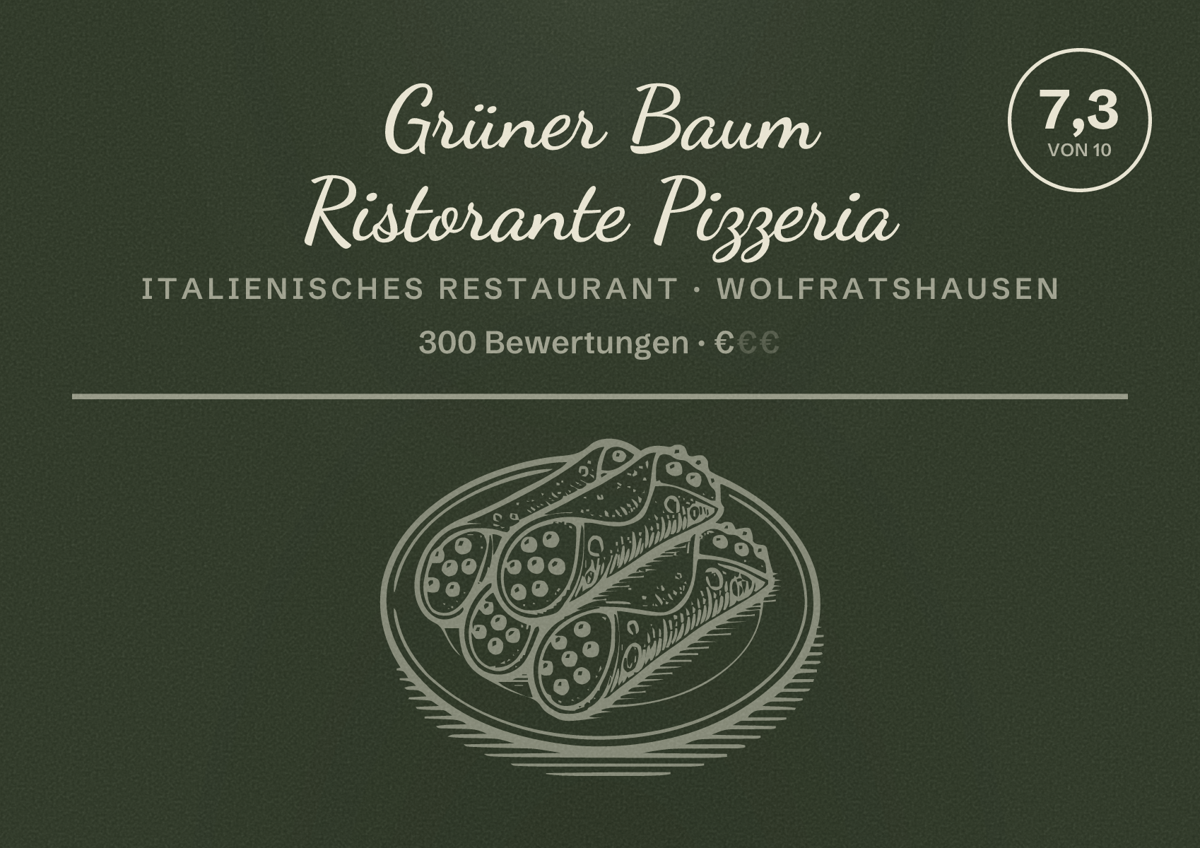 Illustriertes Poster von Grüner Baum Ristorante Pizzeria, Italienisches Restaurant in Wolfratshausen: Bewertung 7,3 von 10 aus 300 Bewertungen, Preisniveau €