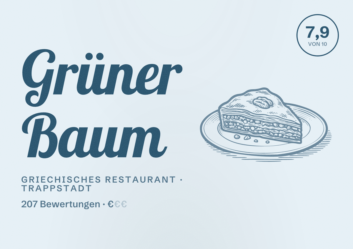 Illustriertes Poster von Grüner Baum, Griechisches Restaurant in Trappstadt: Bewertung 7,9 von 10 aus 207 Bewertungen, Preisniveau €