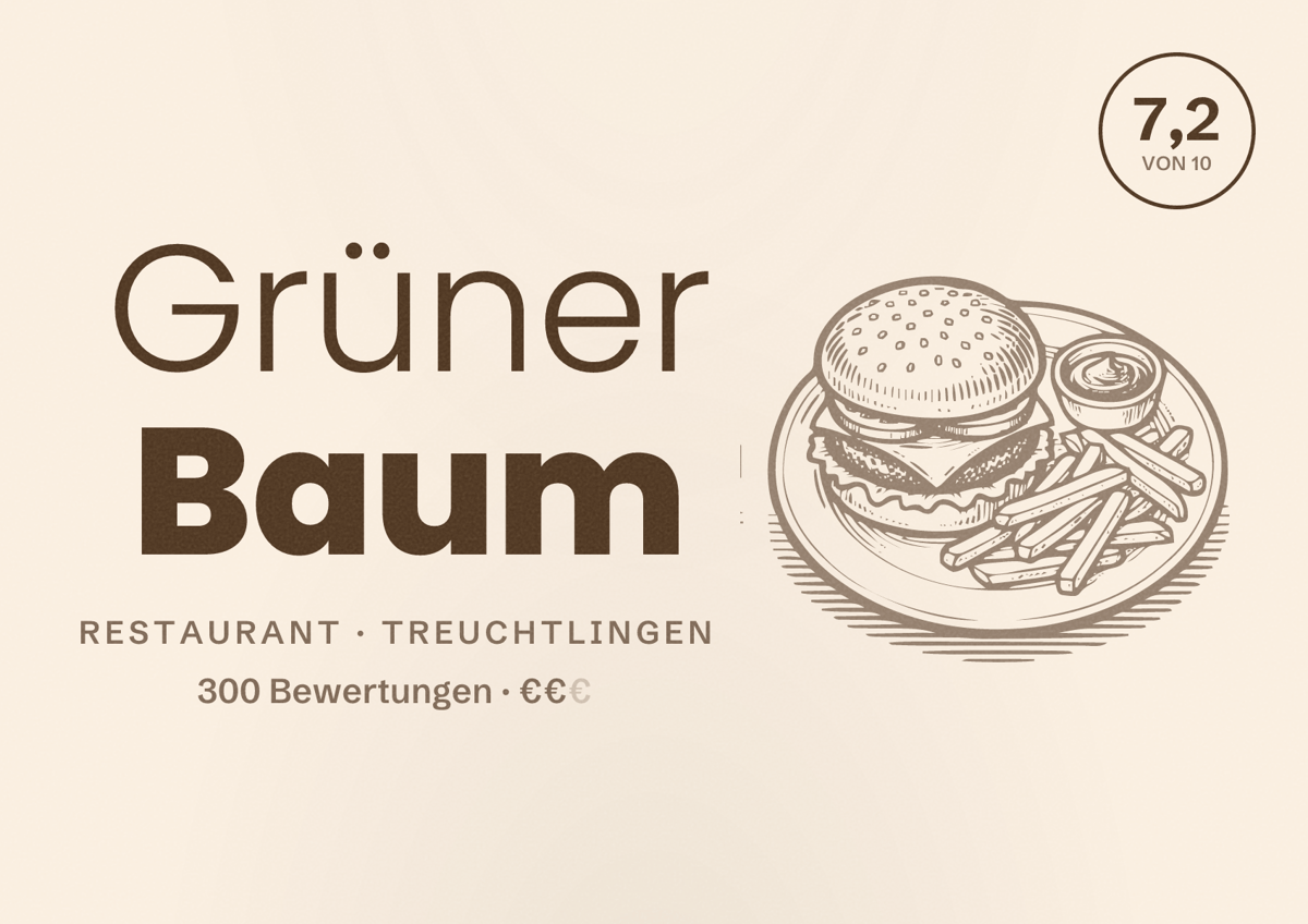 Illustriertes Poster von Grüner Baum, Restaurant in Treuchtlingen: Bewertung 7,2 von 10 aus 300 Bewertungen, Preisniveau €€