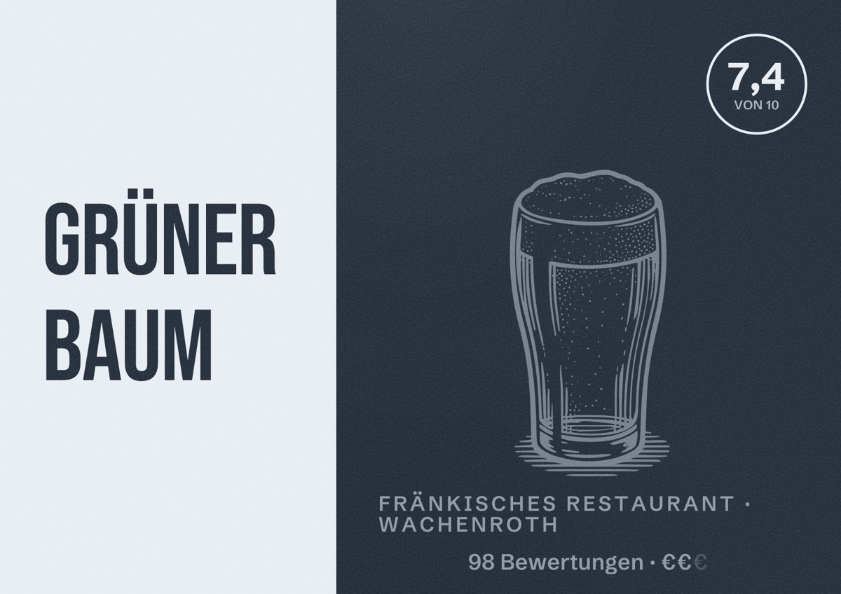 Illustriertes Poster von Grüner Baum, Fränkisches Restaurant in Wachenroth: Bewertung 7,4 von 10 aus 98 Bewertungen, Preisniveau €€
