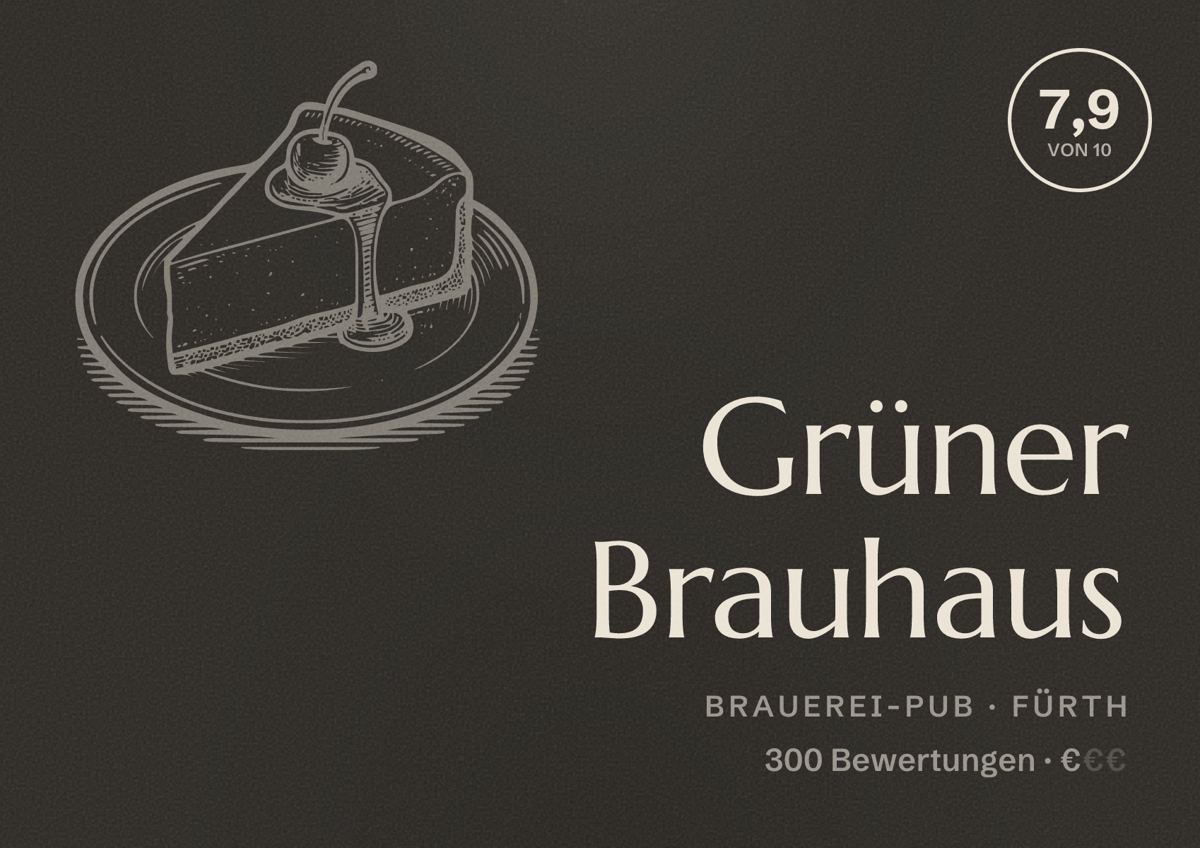 Illustriertes Poster von Grüner Brauhaus, Brauerei-Pub in Fürth: Bewertung 7,9 von 10 aus 300 Bewertungen, Preisniveau €
