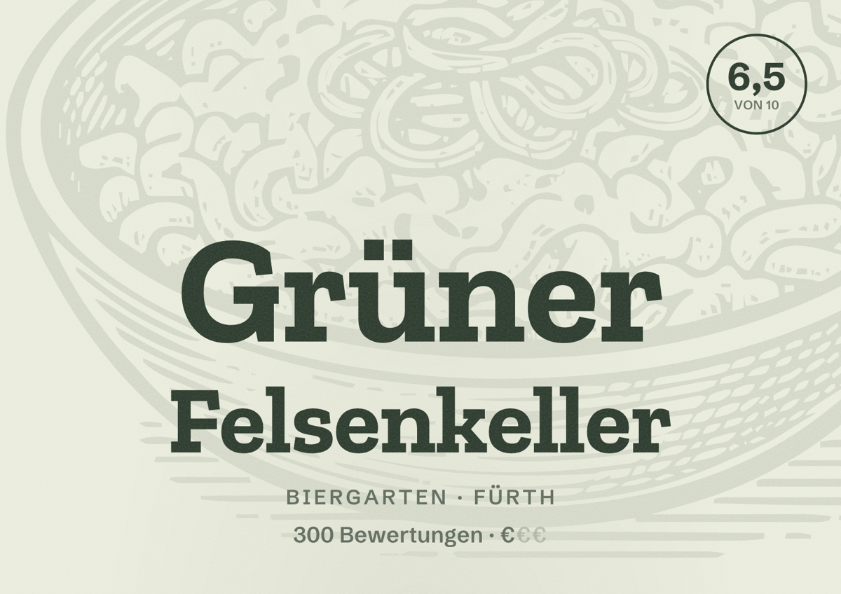 Illustriertes Poster von Grüner Felsenkeller, Biergarten in Fürth: Bewertung 6,5 von 10 aus 300 Bewertungen, Preisniveau €