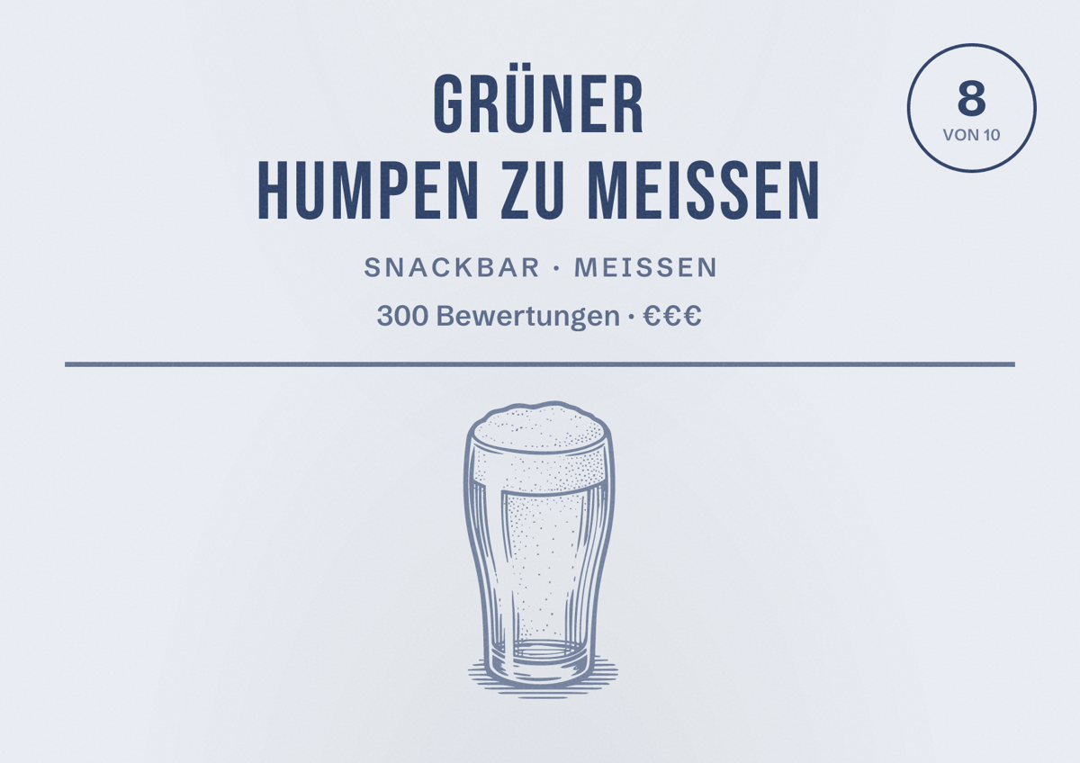 Illustriertes Poster von Grüner Humpen zu Meissen, Snackbar in Meißen: Bewertung 8 von 10 aus 300 Bewertungen, Preisniveau €€€