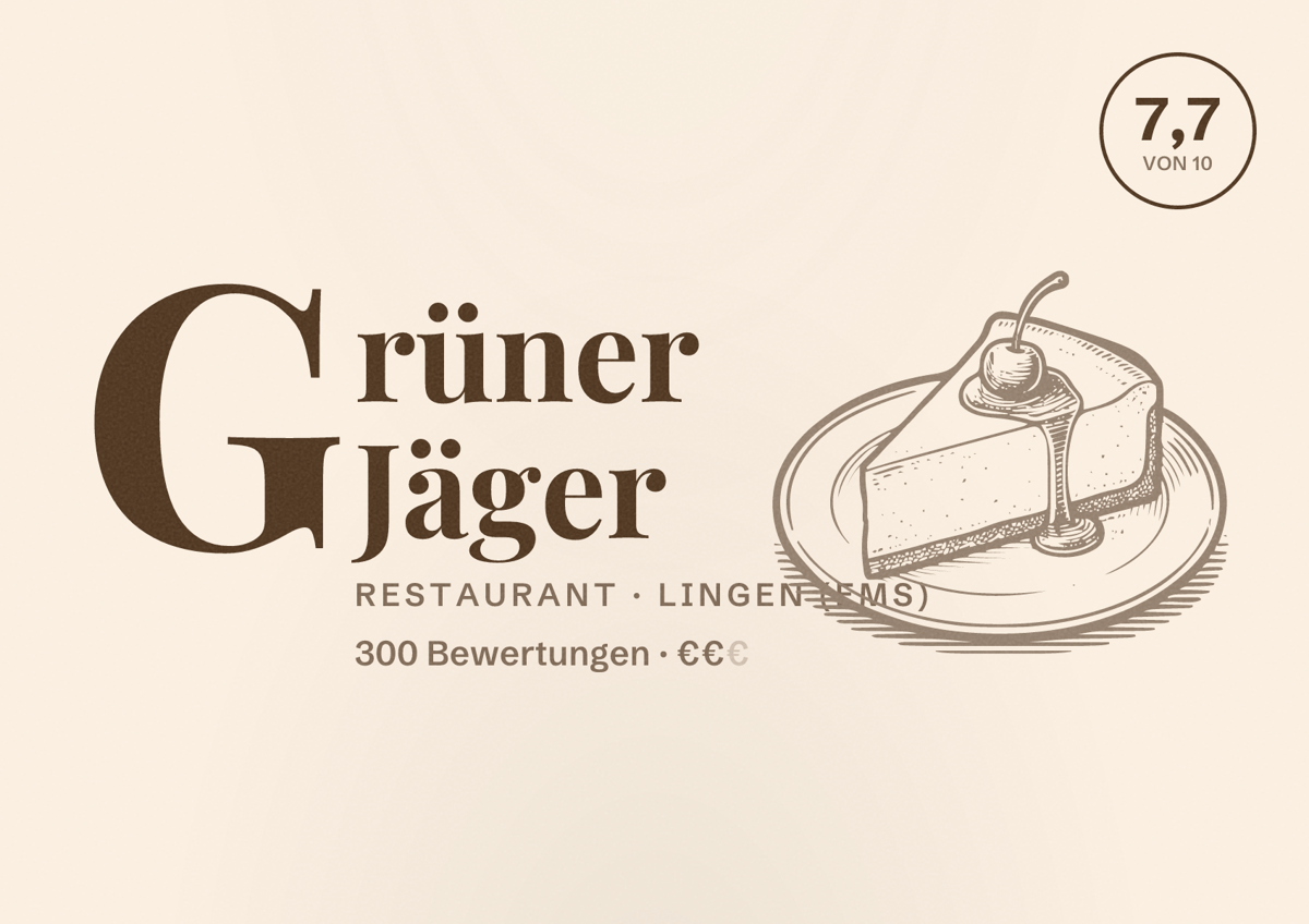 Illustriertes Poster von Grüner Jäger, Restaurant in Lingen (Ems): Bewertung 7,7 von 10 aus 300 Bewertungen, Preisniveau €€