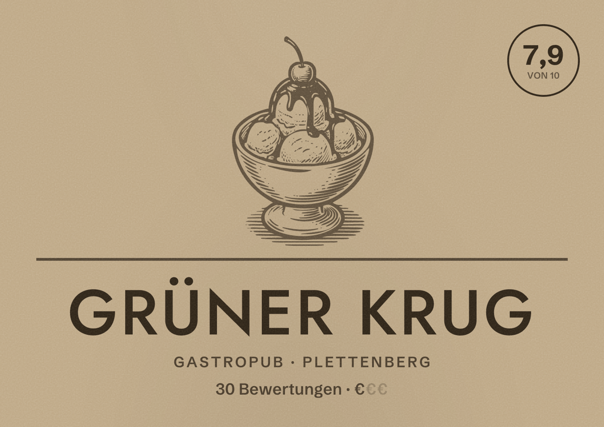 Illustriertes Poster von Grüner Krug, Gastropub in Plettenberg: Bewertung 7,9 von 10 aus 30 Bewertungen, Preisniveau €