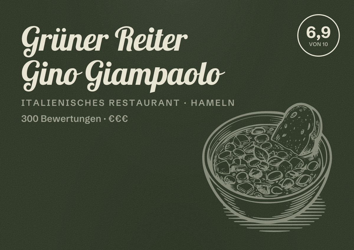 Illustriertes Poster von Grüner Reiter Gino Giampaolo, Italienisches Restaurant in Hameln: Bewertung 6,9 von 10 aus 300 Bewertungen, Preisniveau €€€