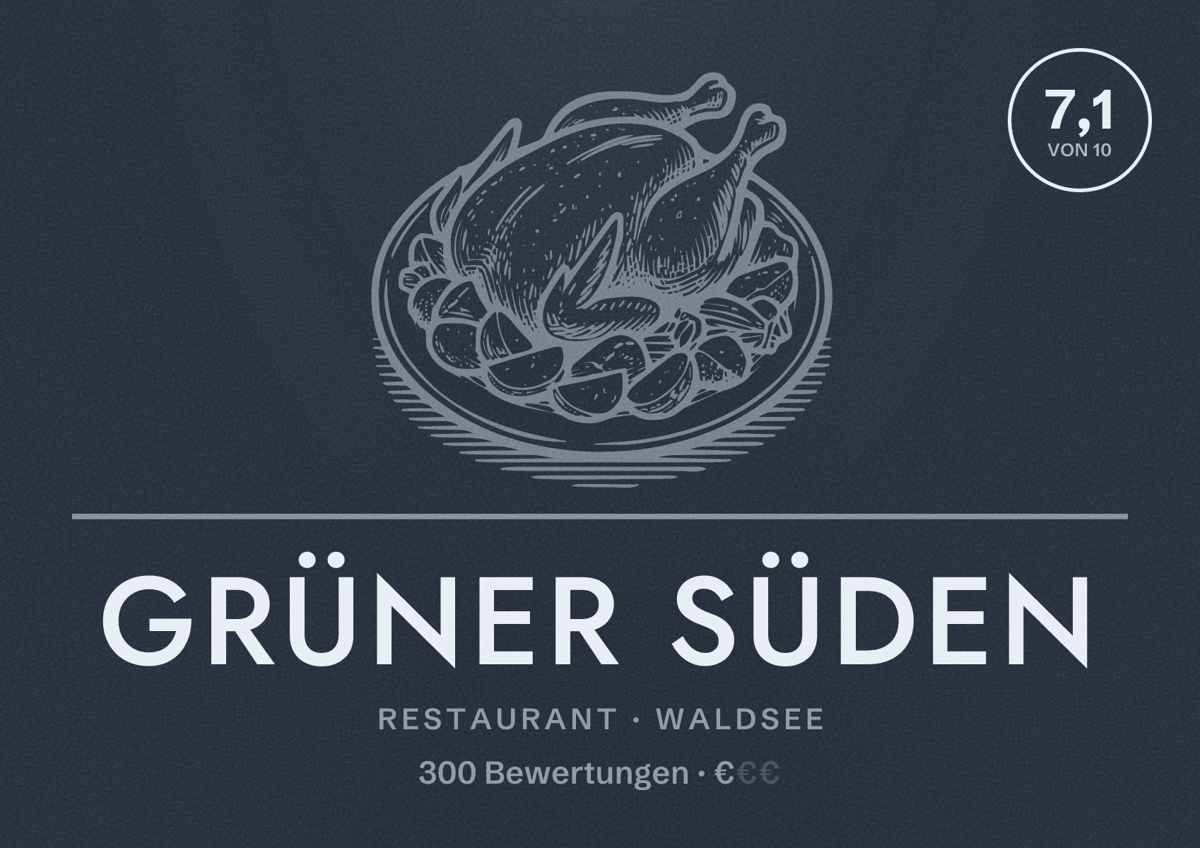 Illustriertes Poster von Grüner Süden, Restaurant in Waldsee: Bewertung 7,1 von 10 aus 300 Bewertungen, Preisniveau €