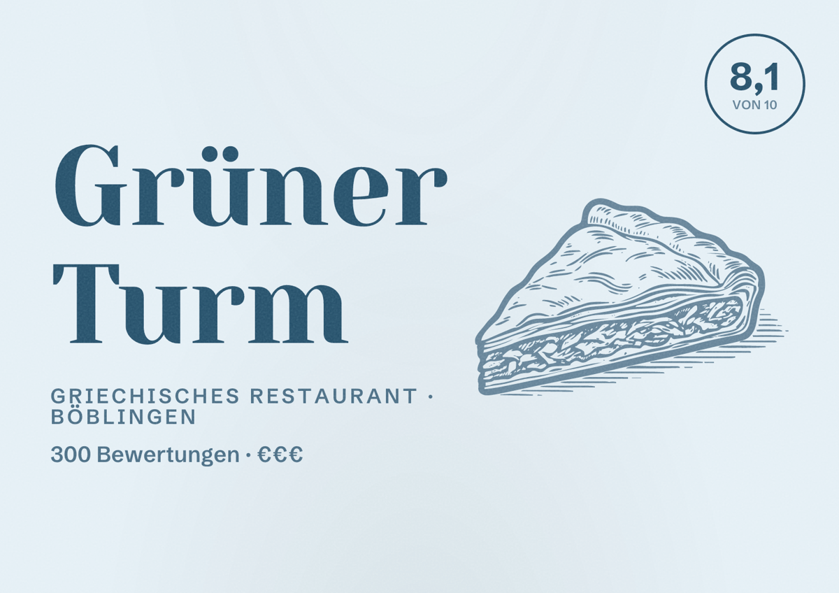Illustriertes Poster von Grüner Turm, Griechisches Restaurant in Böblingen: Bewertung 8,1 von 10 aus 300 Bewertungen, Preisniveau €€€
